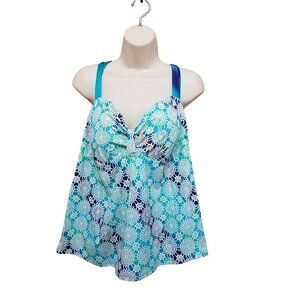 Joe Boxer Swim Tankini Women Size 2X Blue Green Neck Tie Adjustable Padded 2X